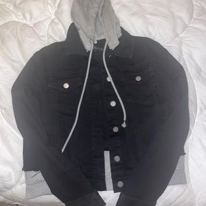 Black denim jacket with sweatshirt detail